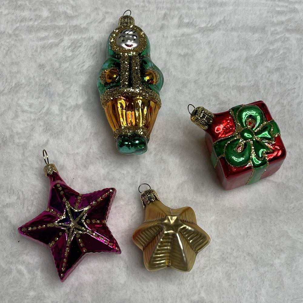 Vintage Czech Republic Eskimo Star Present  Hand Blown Glass Ornament Lot of 4‎